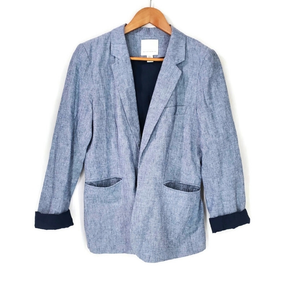 mercer & madison Jackets & Blazers - Women's Linen Blazer Blue and White Striped Open Front Seersucker Beachy SZ L